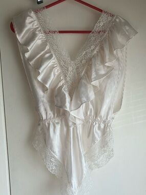 Vintage Lily of France Teddy Romper Bridal White Satin Lace Ruffles